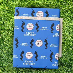 Blauwe honkbal speler kinderen naam verjaardag cadeaupapier