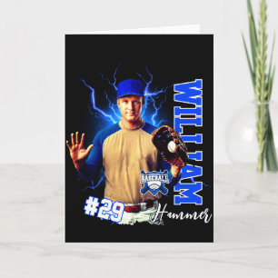 Blauwe honkbalspeler één foto met naam T-shirt Kaart