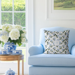 Blauwe Hortensia Bloem Monogram Kussen