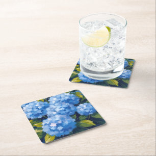 Blauwe Hortensia Bloemen Aquarel Bloemstuk Vierkante Kartonnen Onderzetter