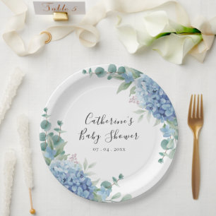 Blauwe Hortensia Bloemen Baby Shower Papieren Bordje
