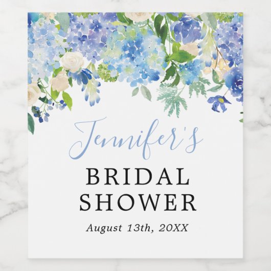 Blauwe Hortensia Bloemen Bruidsfeest Wijn Etiket (Enkel label)