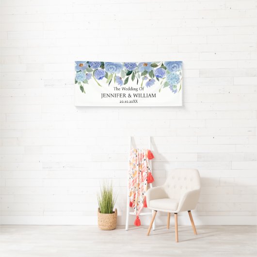 Blauwe Hortensia Bloemen Bruiloft Feest Evenement Spandoek (Insitu)