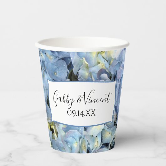 Blauwe Hortensia Bloemen Bruiloft Papieren Bekers (Voorkant)
