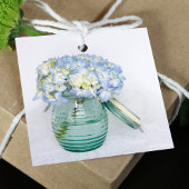 Blauwe hortensia bloemen in pot bruiloft bedankjes labels