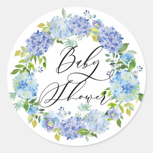 Blauwe Hortensia Bloemen Krans Baby Shower Ronde Sticker (Voorkant)