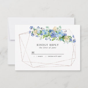 Blauwe Hortensia Bloemen op Gouden Geometrisch Fra RSVP Kaartje