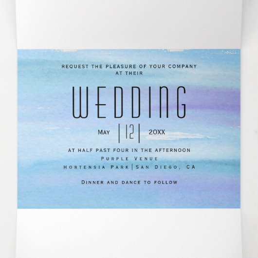 Blauwe hortensia bloemen waterverf bloemenbruiloft drieluik uitnodiging (Binnenkant midden)