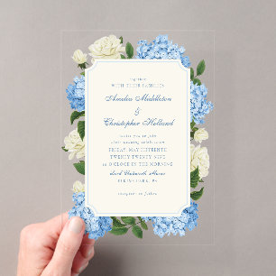 Blauwe Hortensia Bloemen & Witte Rozen Tuin Bruilo Acryl Uitnodigingen