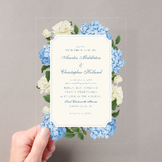 Blauwe Hortensia Bloemen & Witte Rozen Tuin Bruilo Acryl Uitnodigingen