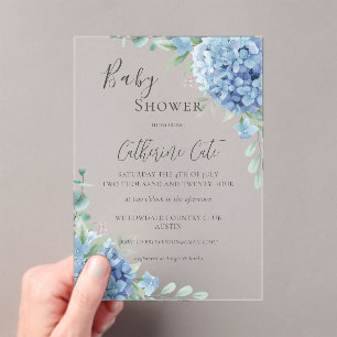 Blauwe Hortensia Bloemetjes Baby Shower Acryl Uitnodigingen