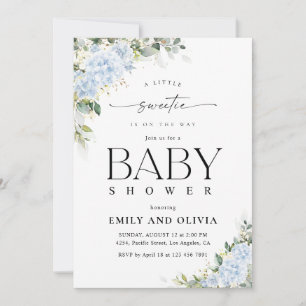 Blauwe Hortensia Bloemige Baby Shower Uitnodiging