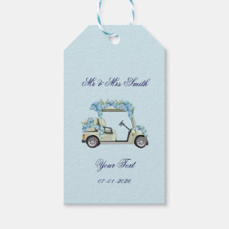 Blauwe Hortensia Bloemige Golfkar Trouw Favor Tags Cadeaulabel