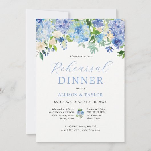 Blauwe Hortensia Bloemige Proefavond Eten Kaart (Voorkant)