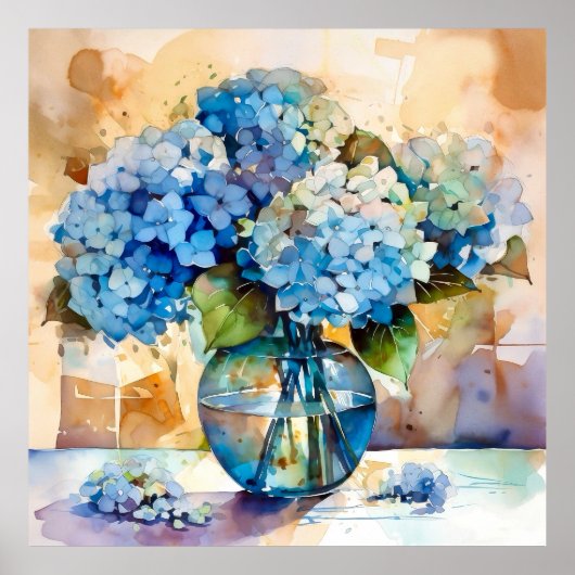 Blauwe Hortensia Bloemschilderkunst Poster (Voorkant)