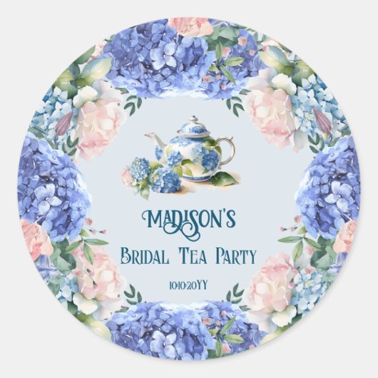 Blauwe Hortensia Bruids Thee Party Ronde Sticker (Voorkant)
