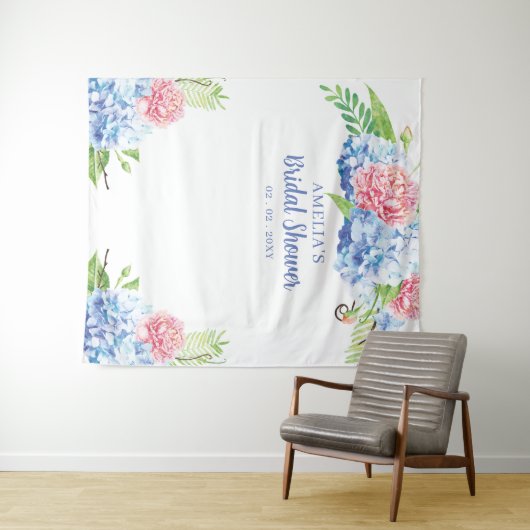 Blauwe Hortensia Bruiloft Feest Achtergrond Wandkleed (In Situ (horizontaal))