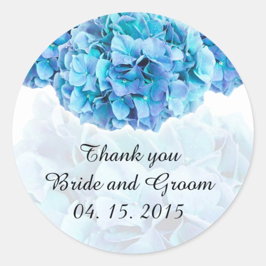 Blauwe hortensia bruiloft gunst label sticker (Voorkant)