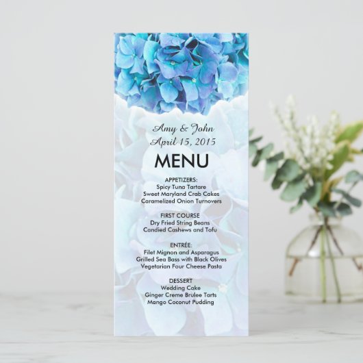 Blauwe hortensia bruiloft menu (Staand voorkant)