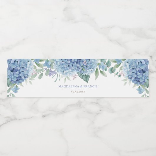 blauwe hortensia bruiloft waterfles etiket (Enkel label)