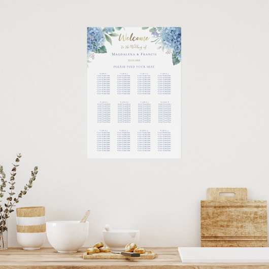 Blauwe hortensia bruiloft zitgrafiek poster (Keuken)