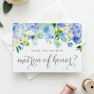Blauwe Hortensia en Ivoor Roos Matrone van Eer Uitnodiging Briefkaart