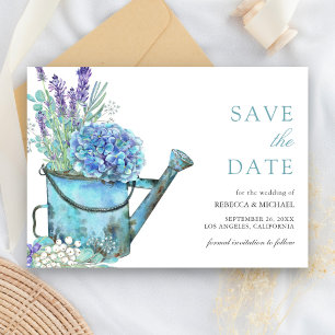 Blauwe Hortensia en Lavendel Bloemen Bruiloft Save The Date