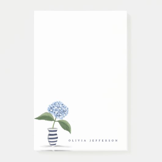 Blauwe hortensia en marine gestreepte vaas geperso post-it® notes (Voorkant)