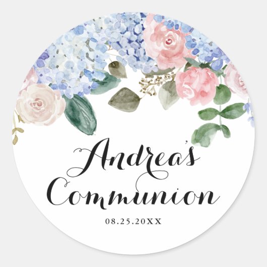 Blauwe hortensia en roze roos eerste heilige commu ronde sticker (Voorkant)