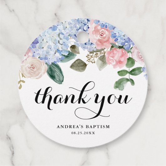 Blauwe hortensia en roze rozendoop Dank u Bedankjes Labels (Achterkant)
