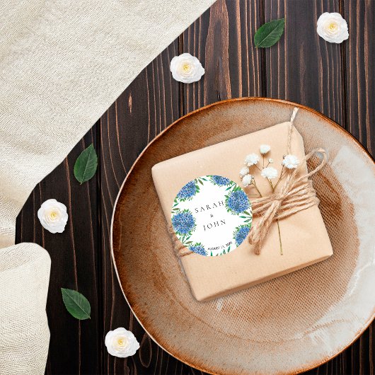 Blauwe Hortensia Huwelijk Klassieke Ronde Sticker 