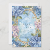 Blauwe Hortensia Kust Touw Bruiloft Save The Date (Voorkant)