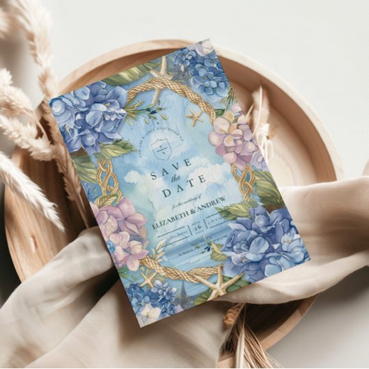 Blauwe Hortensia Kust Touw Bruiloft Save The Date