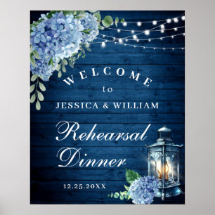 Blauwe Hortensia Lantaarn Hout Boho Oefen Diner Poster