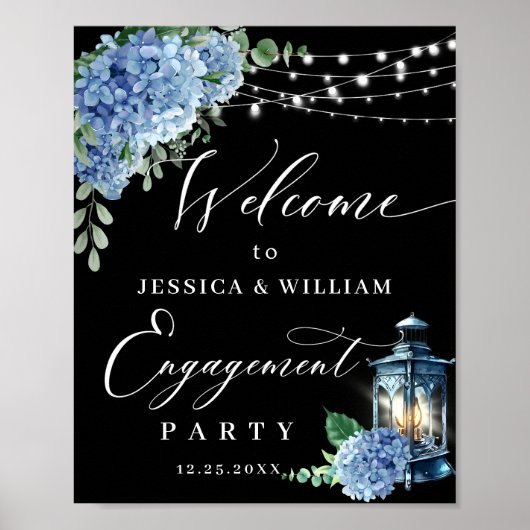 Blauwe Hortensia Lantaarn Zwart Boho VERLOVINGSFEE Poster (Voorkant)