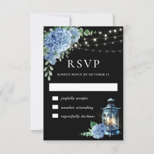 Blauwe Hortensia Lantaarn Zwarte Boho Bruiloft RSVP Kaartje