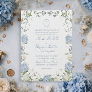 Blauwe Hortensia Monogram Huwelijks Crest Uitnodig Kaart