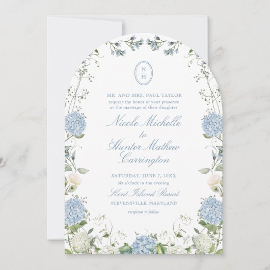 Blauwe Hortensia Monogram Huwelijksboog Uitnodigin Kaart (Voorkant)