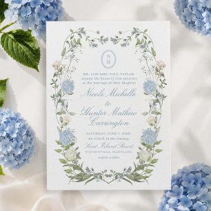 Blauwe Hortensia Monogram Wapenschild Trouw Uitnod Kaart