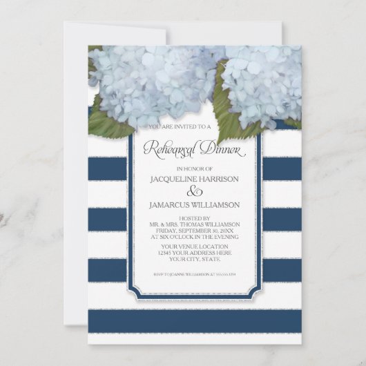 Blauwe Hortensia Oefenavondeten Navy Streep Modern Kaart (Voorkant)