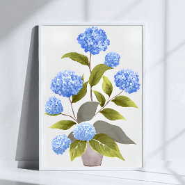 Blauwe Hortensia Plant | Mooie Bloemige Aquarel Poster