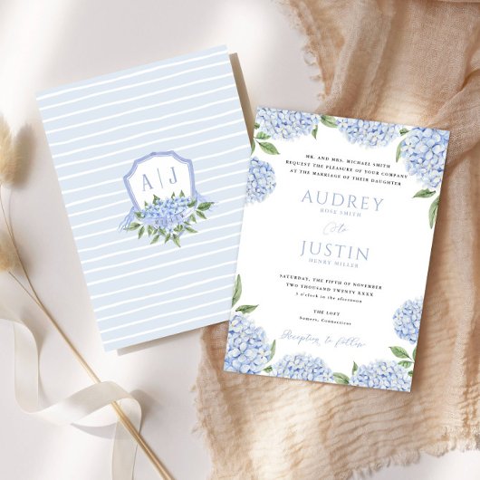 Blauwe hortensia rand, gepersonaliseerde crest bru kaart