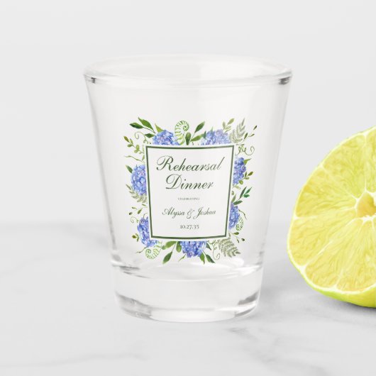 Blauwe Hortensia Script Proefavond Diners Shot Glas (Voorkant)