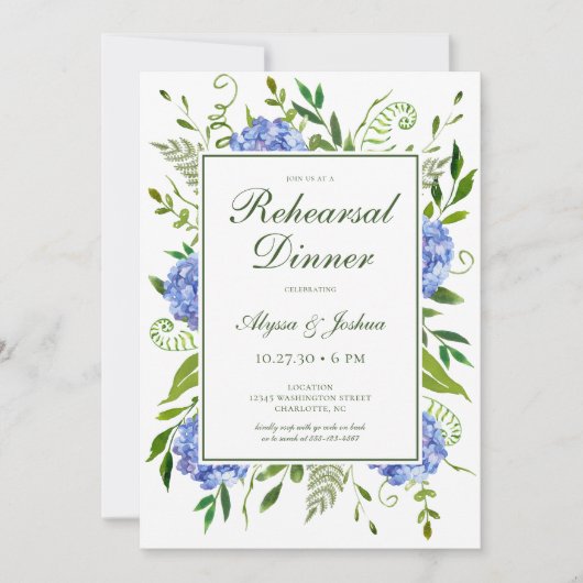 Blauwe Hortensia Script Proefbruiloftsdiner Kaart (Voorkant)