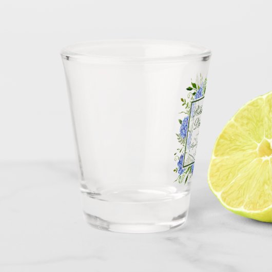 Blauwe Hortensia Script Proefhuwelijksdiner Shot Glas (Links)