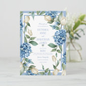 Blauwe hortensia & tulpenbruiloft kaart (Staand voorkant)