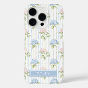 Blauwe Hortensia Waterverf Gestreepte Gepersonalis iPhone 16 Pro Hoesje