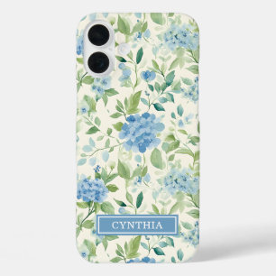 Blauwe Hortensia Waterverf Monogram iPhone 16 Plus Hoesje