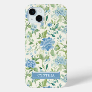 Blauwe Hortensia Waterverf Monogram iPhone 15 Mini Hoesje