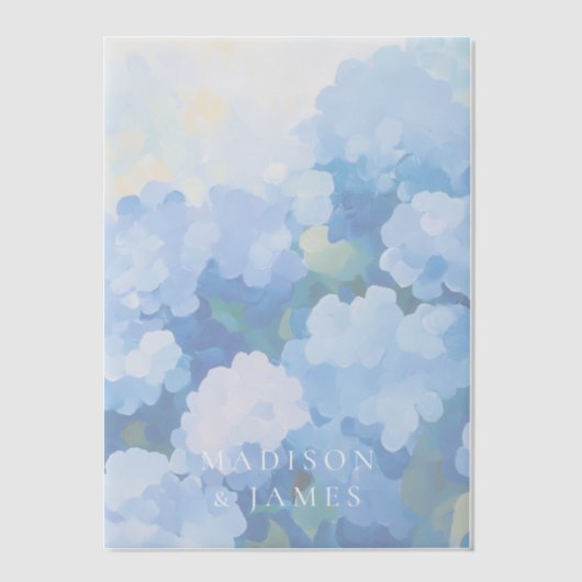 Blauwe hortensia's aangepaste namen bruiloft overl vellum uitnodigingen (Voorkant)
